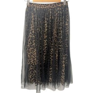 Jamiss Women Skirt Silk Leopard Print Mesh Overlay Midi  Size M Flowy Lined
